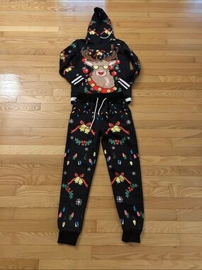 Kids Black Holiday Reindeer Hoodie & Jogger Matching Set